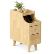 Gymax Narrow Nightstand Solid Wood End Table w/ Pull-out Tray & 2 Storage Drawers Natural