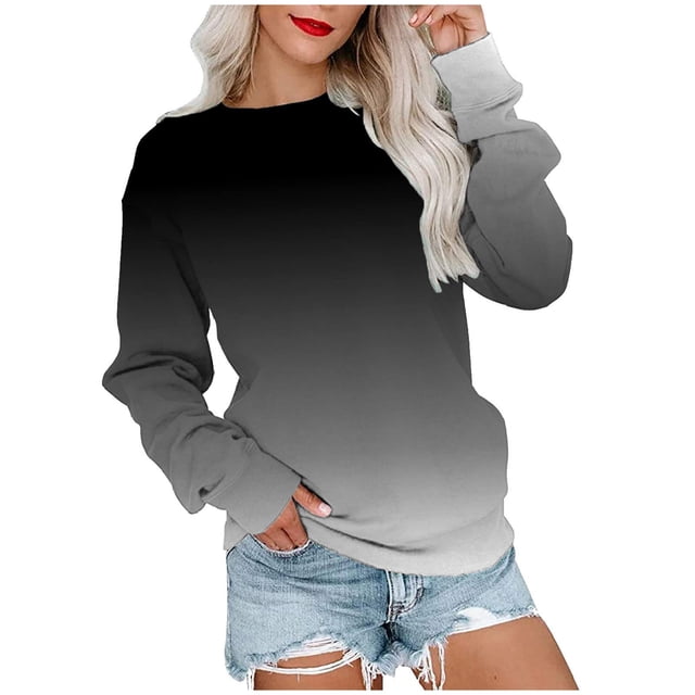 IROINID Rabais T-Shirts à Manches Longues pour Femmes T-shirt Ample Imprimé Blouse Col Rond Hauts de Détente Chandail à Capuchon, Noir