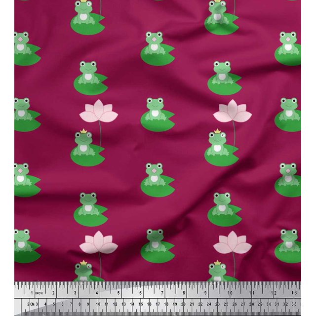 Soimoi Poly Georgette Fabric Lotus & Frog Kids Print Fabric by Yard 52 Inch Wide