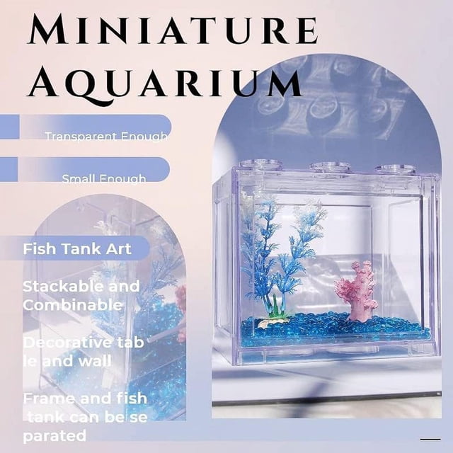 SUTENGDA Betta Fish Tanks Aquarium Tanks Stackable Mini Fish Tank Aquarium Tank Kit 3/5 Gallon Rectangular Fish Bowl with Aquarium Gravel Decoration Cube Tank for Seaweed Balls Sea Mo