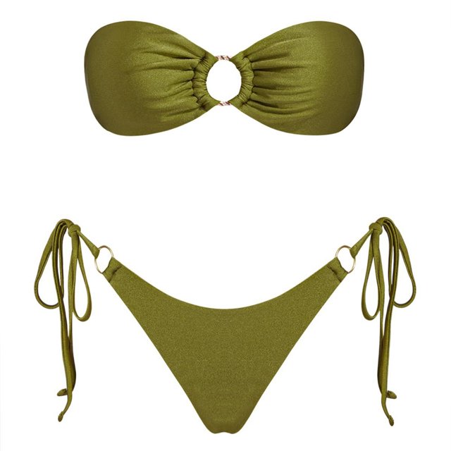 Women Swimsuits Solid Color Strapless Backless Gathering Separate Bikini Green Bathing Suits for Women M