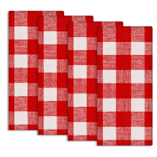Fabstyles Country Check Cotton Set of 4 Kitchen Towel in red and white check pattern, made from 100% cotton measuring 18x28 inches, ideal for drying dishes and adding a classic kitchen linens touch, also suitable for hanging on oven handles.