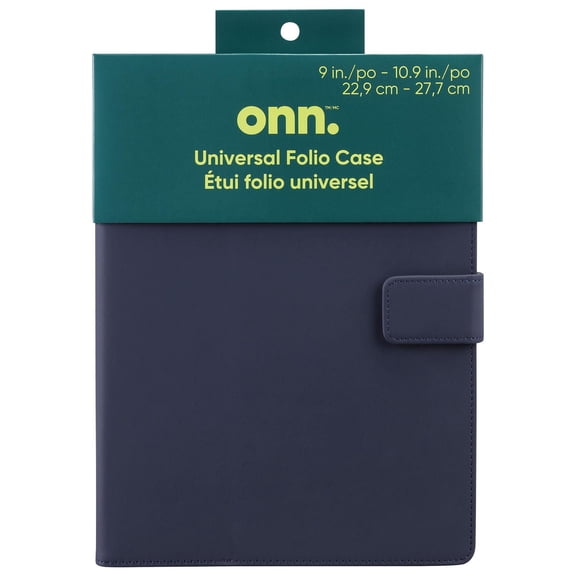 Onn 9 in. - 10.9 in. Universal Folio Tablet Case with Magnetic Closure and Stylus Holder, Navy Blue