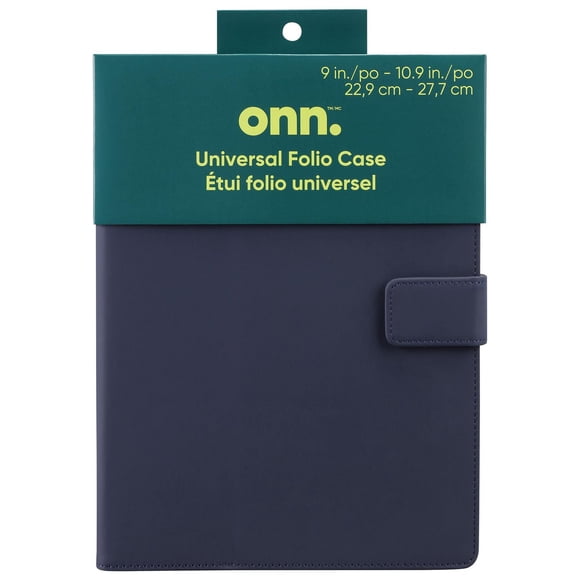 Onn 9 in. - 10.9 in. Universal Folio Tablet Case with Magnetic Closure and Stylus Holder, Navy Blue