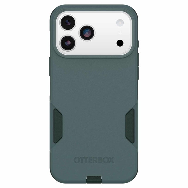OtterBox Commuter MagSafe Case w/Camera Control Sagebrush (Green) for iPhone 17 Pro Max with a slim, dual-layer rugged design in matte sagebrush green, featuring precise cutouts for triple camera lenses and flash, textured sides for grip, port covers, reinforced corners, and built-in magnets for MagSafe charging and accessories, ideal for daily drop protection.