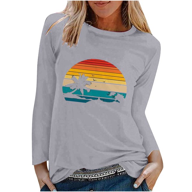 CEHVOM Mode Femmes Printemps Imprimé Manches Longues Col Rond Casual Tee Tops Dégagement