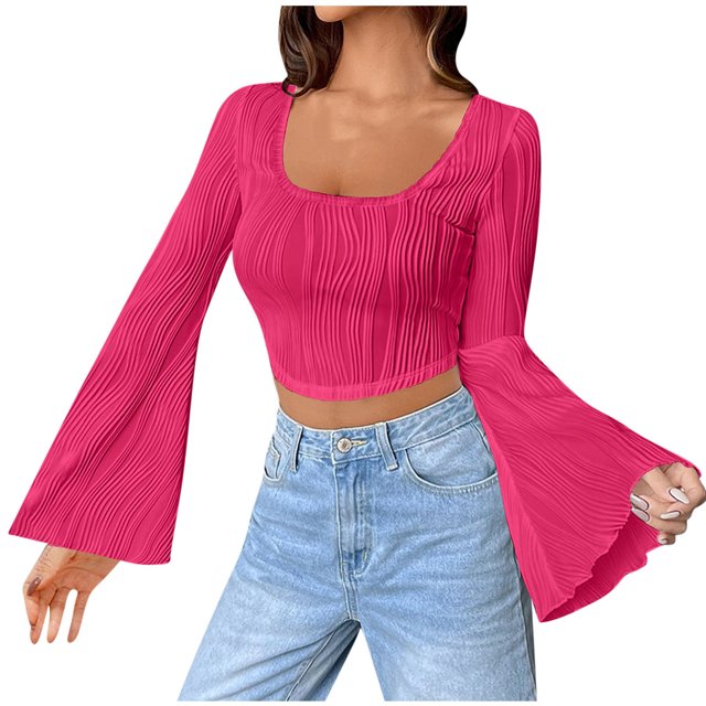 FAIWAD Women's Ruched Textured Crop Tops Bell Long Sleeve Square Neck Asymmetrical Streetwear Pullover Tops