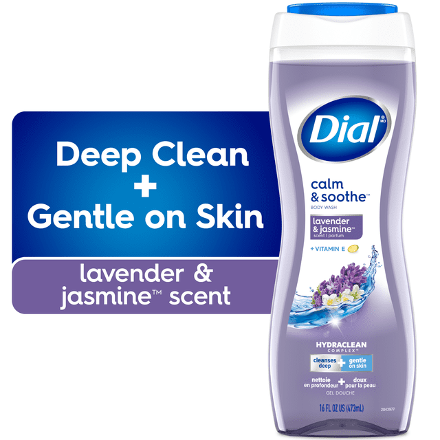Dial Lavender and Jasmine Soothing Body Wash, 473ml, front view of a translucent curved bottle with purple liquid and blue cap, featuring Hydraclean Complex for deep cleansing and gentle skin care, scented with lavender and jasmine, enriched with vitamin E, ideal for daily bath and shower use.