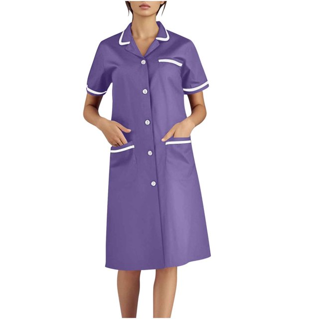 Xfvqtps Robe d'Infirmière pour Femmes avec Poches Bouton Manches Courtes Col à Revers Robe de Travail pour Aidante Violette
