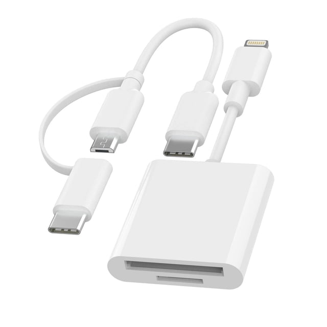 Vivitar universal card reader with white plastic body and connectors including USB-C, micro USB, and Lightning cables, designed for fast, portable transfer and backup of SD and micro SD memory cards.