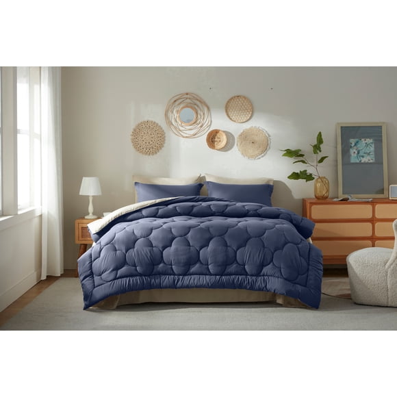 Bedtreat Twin Comforter Sets,5-Pieces Reversible Bedding Sets,Bed in a Bag with Comforter, Flat Sheet and Fitted Sheet, Pillowcase & Sham,Navy Blue/Milky Coffee