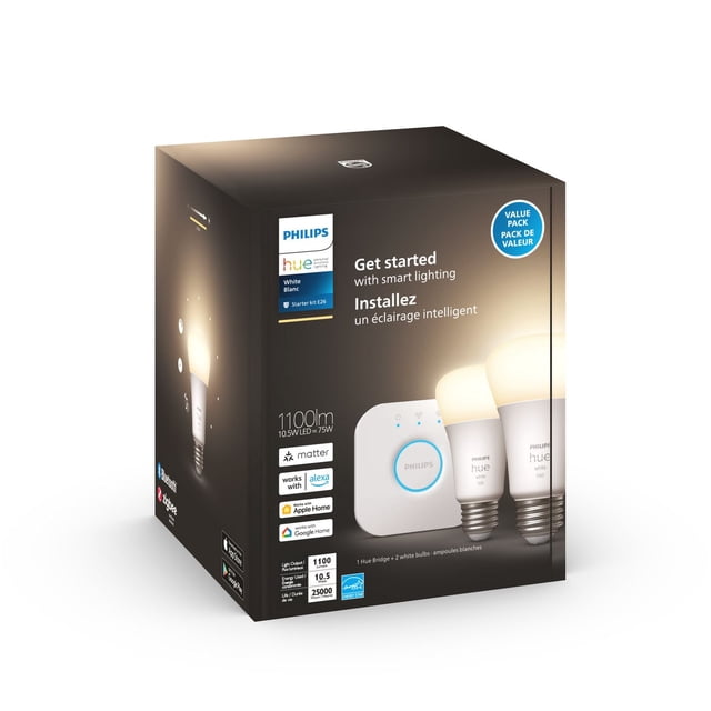 Philips HUE 75-Watt A19 White Starter Kit (2-pack) retail box featuring two white smart LED bulbs and a Hue Bridge device, with 1100 lumens brightness, 10.5W power consumption, 25,000-hour lifespan, and compatibility with Alexa, Apple Home, and Google Home for smart home lighting control.