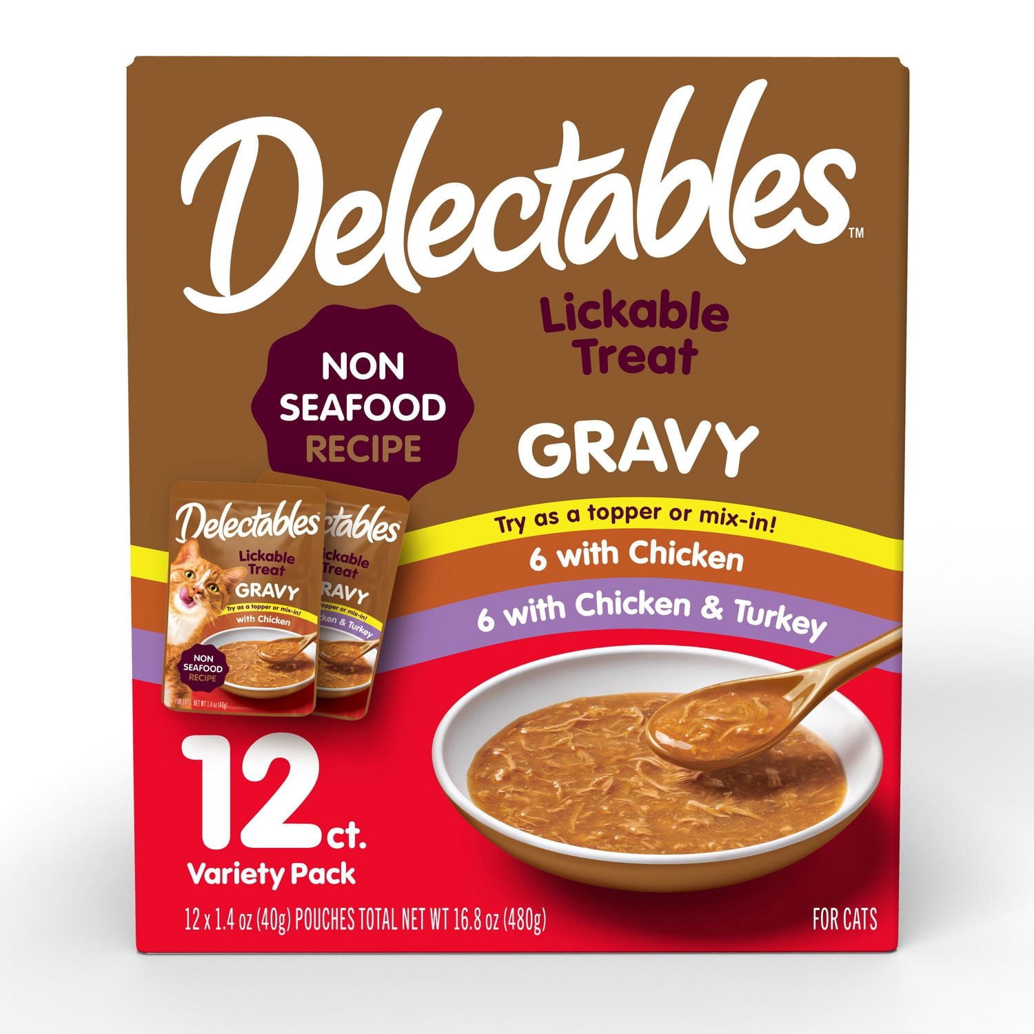 Delectables Sauce Sans Fruits de Mer Poulet, Poulet & Dinde Lot de 12 Gâteries à Lécher pour Chats
