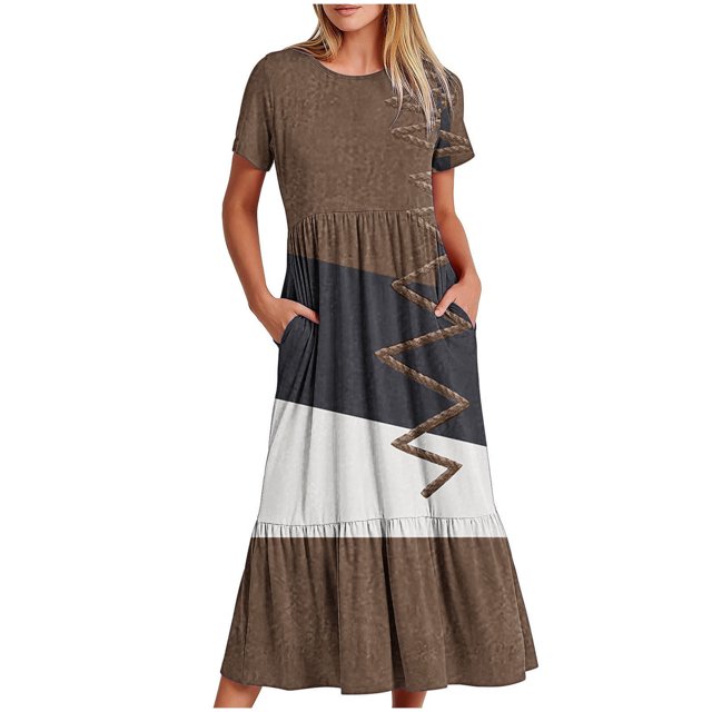 FAIWAD Robe à Manches Courtes pour Femme Grande Taille, à Blocs de Couleur, Robe d'Été Décontractée, Fluide, Coupe Trapèze, avec Poches