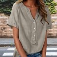 thumbnail image 2 of Floleo T-Shirt à Manches Courtes pour Femmes, Style Lin, Col en V, Boutons devant, Demi-Ouverture, Haut Vintage Classique, Respirant, Confortable, Extensible, Tissu Fin, Printemps Été Automne, Tenue Quotidienne (Gris#1, TG), 2 of 8