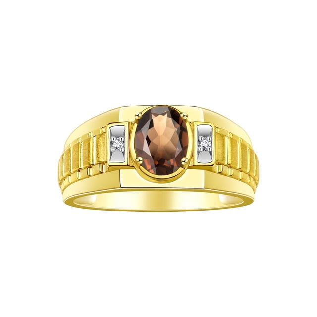 RYLOS Men's Rings 14K Yellow Gold Ring Classic Designer Style 8X6MM Oval Gemstone & Diamond Ring Smoky Quartz Birthstone Rings For Men Size 8