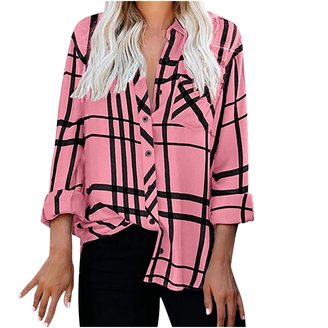 IROINID Reduced Womens Plus Size Tops Lounge Lapel Top Loose Buttoned Long Sleeve Plaid Print Blouse,Pink
