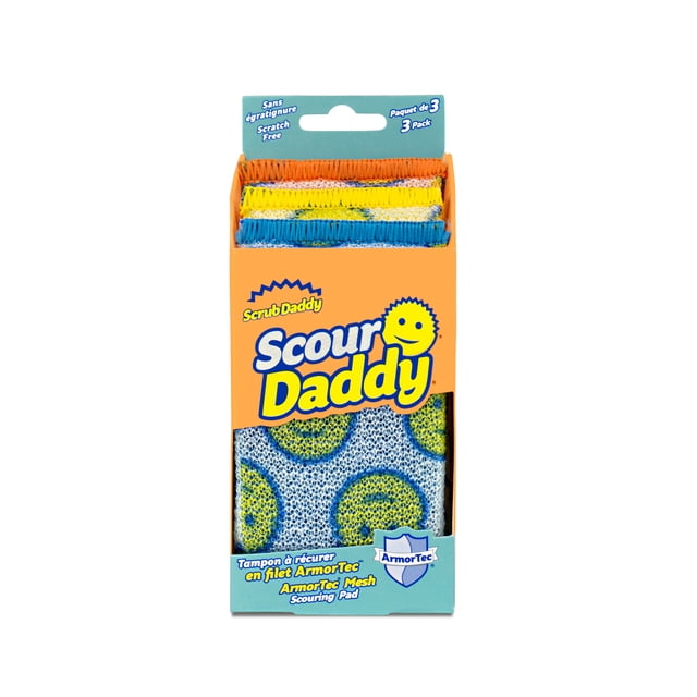 Scrub Daddy Heavy Duty Scour Daddy Scour Pads 3 Pack in orange packaging with three multicolour ArmorTec mesh scour pads designed for scratch-free kitchen cleaning on cookware and appliances.
