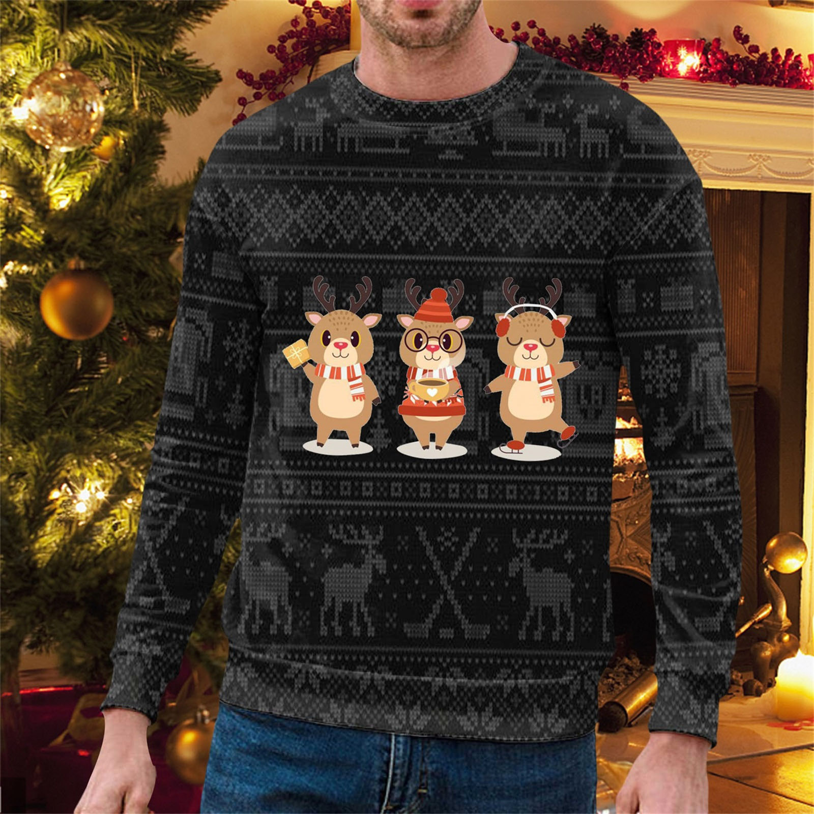 WILLBEST Mignons Chandails à Fermeture Éclair pour Hommes Automne et Hiver Décontractés Tendance Chandail à Capuchon à Col Rond Imprimé de Noël