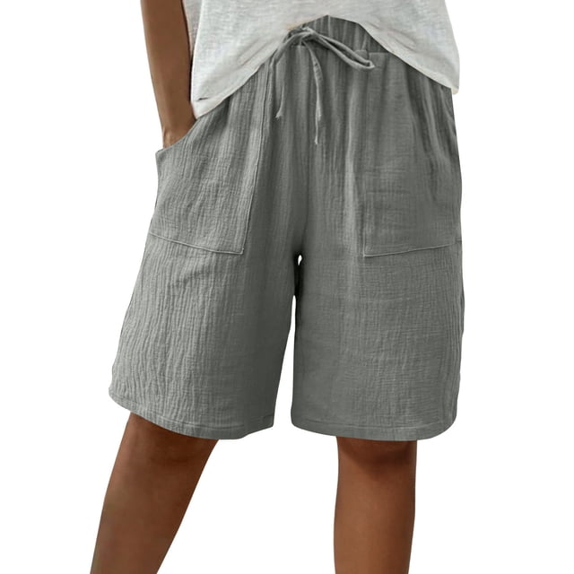 Oksale Plus Size Womens Bermuda Shorts Elastic High Waisted Drawstring Beach Shorts with Pockets Loose Solid Color Wide Leg Shorts for Going Out Gray L