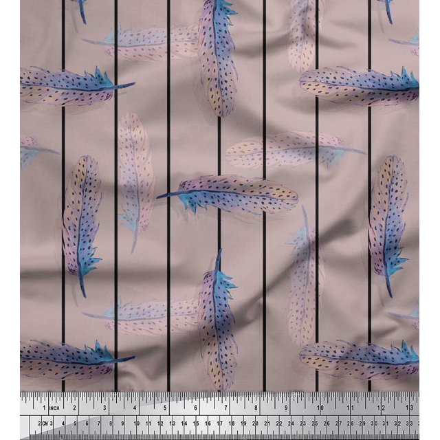 Soimoi Black polyester Crepe Fabric Stripe Feather Print Sewing Fabric Yard 52 Inch Wide