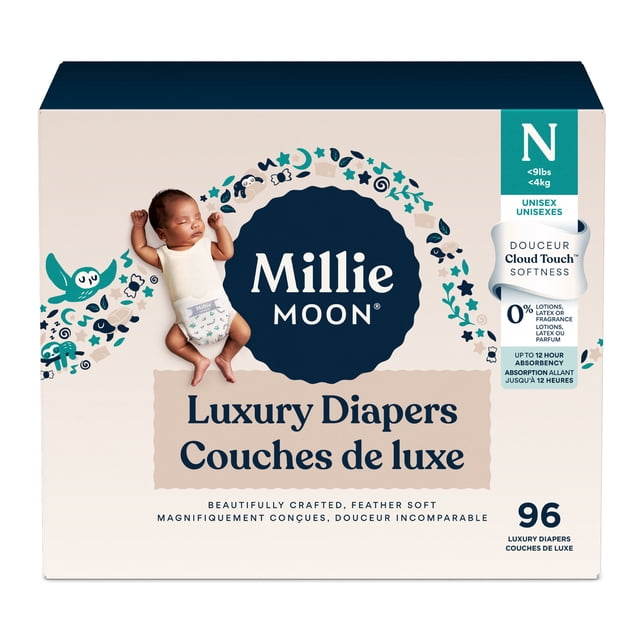 Millie Moon Luxury Diapers, Size Newborn, 96 Count box with beige background and navy blue logo. The packaging highlights CloudTouch™ softness, up to 12 hours of leak protection, and is free from lotions, latex, and fragrance. Diapers are unisex and designed for babies under 4 kg (9 lbs).