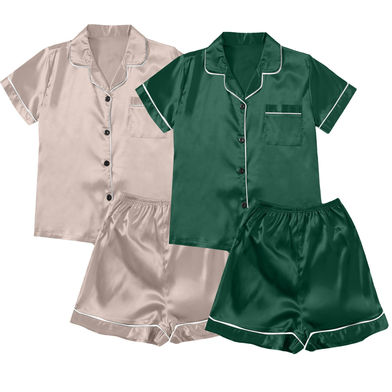 ZJXFGS Sleepwear for Women, Women Pajamas, Satin Pyjamas Women's Short 4 Piece Pyjamas Short Sleeve Sleepwear and Shorts Set Women Leisure Suit Loungewear, Short Pajama Set for Women Green XL