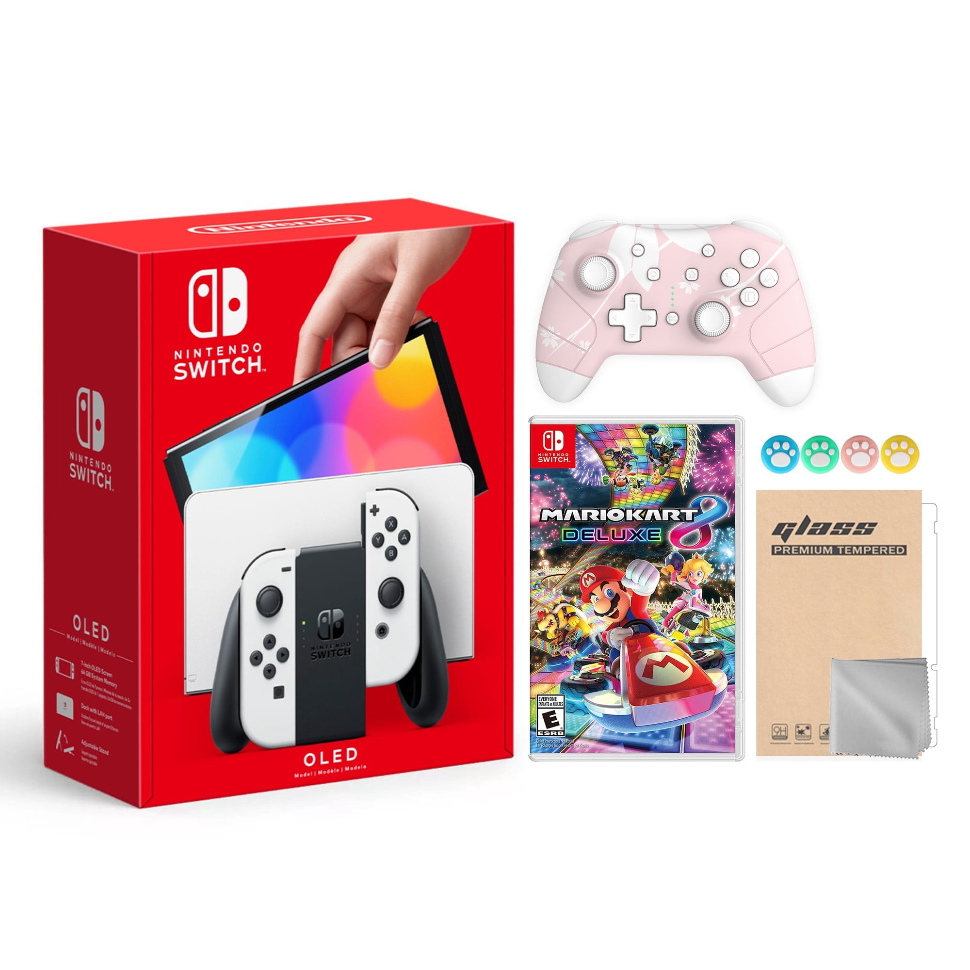 2021 New Nintendo Switch OLED Model White Joy Con 64GB Console Improved HD Screen & LAN-Port Dock Bundle with Mario Kart 8 Deluxe And Mytrix Wireless Switch Pro Controller and Accessories