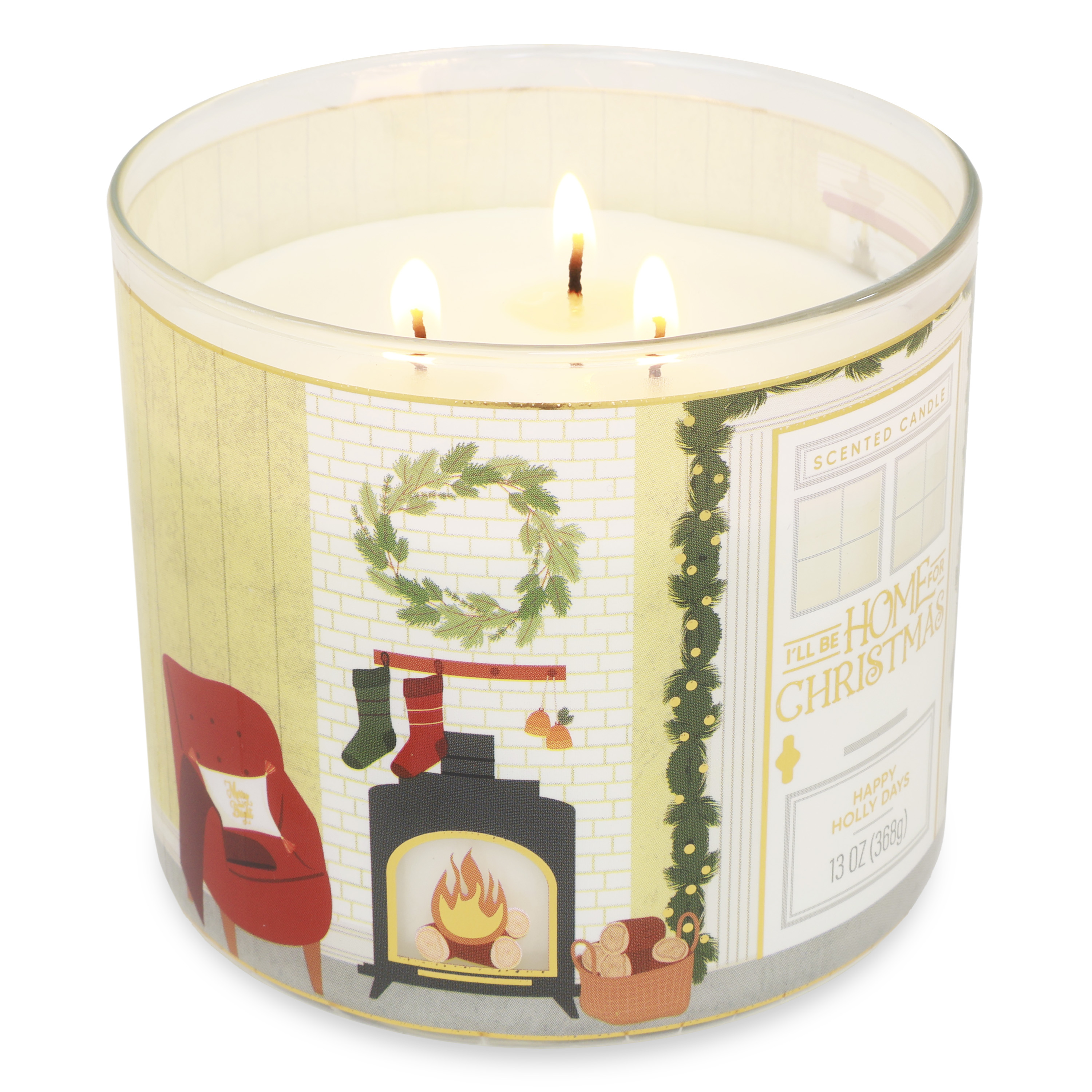Bougie Mainstays à 3 mèches, "I'll Be Home For Christmas", enveloppe Happy Holly Days, 13 oz