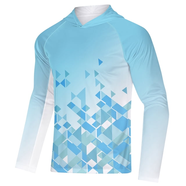 Mens Long Sleeve Shirt Polyester Hoodie Rash Guard for Men Running Hiking Blue XL. This lightweight, breathable hoodie features a geometric blue and white pattern with raglan sleeves and a hood. Made of UPF 50+ polyester fabric, it offers sun protection and moisture-wicking properties, ideal for outdoor activities like running, hiking, and fishing.