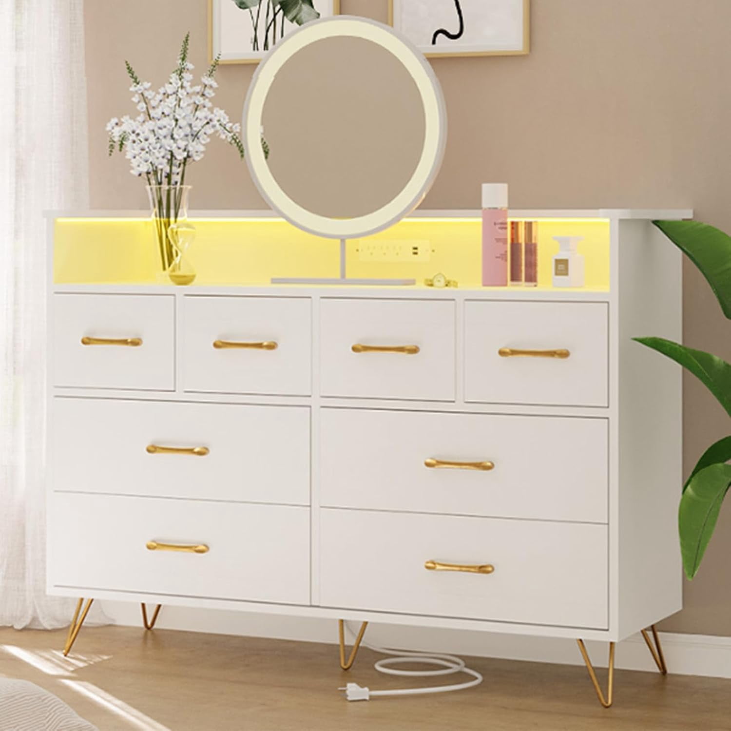 White Dresser for Bedroom with LED Light & Charging Station, 8 Drawers Wooden Dressers with Open Space, Modern Chest of Wide Drawers for Living Room, Entryway, Hallway