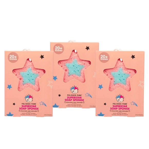 Polished Punk - Soap Infused Bath Sponge for Kids and Tweens, Peaches and Dreams (Pack of 3)