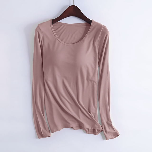 RKSTN Pyjama pour Femmes Mode Couleur Unie Col Ras du Cou Léger avec Soutien-Gorge Rembourré Intégré Manches Longues Tenue de Nuit Confortable Automne Mode Hiver Décontracté une Pièce Haut de Nuit