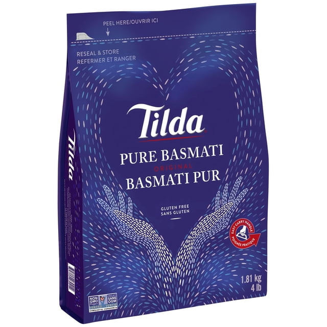 Tilda Riz Basmati Pur dans un Sac Bleu Refermable de 1,81 kg (4 lb) Présentant un Motif de grains en Forme de Cœur et des Mains, Sans gluten et Certifié non-OGM, avec une Poignée de Transport Facile pour un Rangement Pratique.