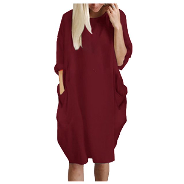 Robe Décontractée pour Femmes, Longueur Genou, Manches Longues, Ample, Tendance, Imprimée, Robe Confortable Coupe Droite, Robe T-Shirt avec Poches