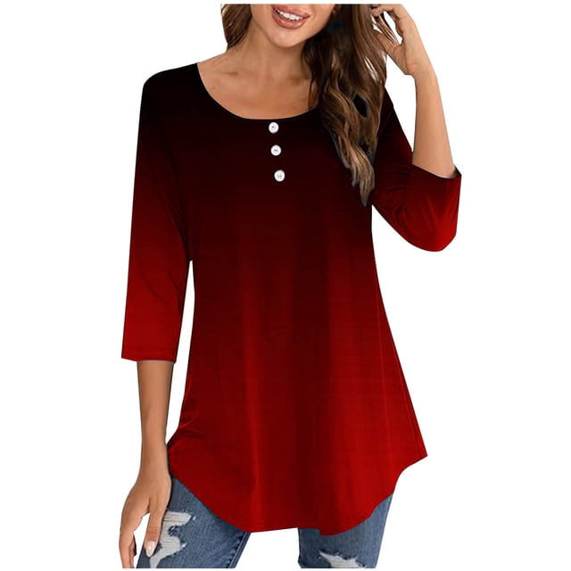 Birdeem Blouse for Women Womens Round Neck 3/4 Sleeve Button Up Top