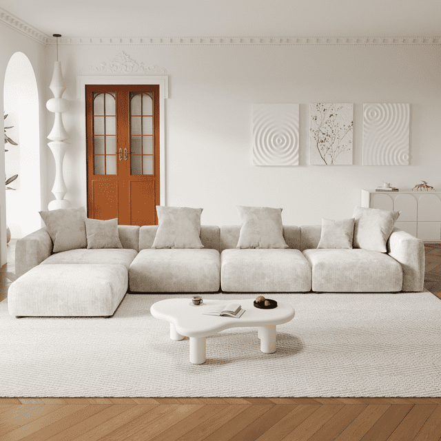 The Magic Home Canapé Sectionnel Modulaire Convertible en Velours Côtelé en Forme de L à 4 Places, Beige