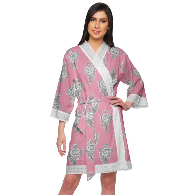 Moomaya Cotton Printed Robe For Women Kimono Getting Ready Bridesmaid Lace Robes