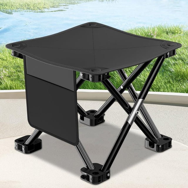 Outdoor Picnic Maza Foldable Stool Portable Lightweight Fishing Chair with a black oxford fabric seat, reinforced 14mm thickened metal brackets, and a side storage bag. Lightweight and compact, suitable for camping, fishing, picnics, and outdoor festivals.
