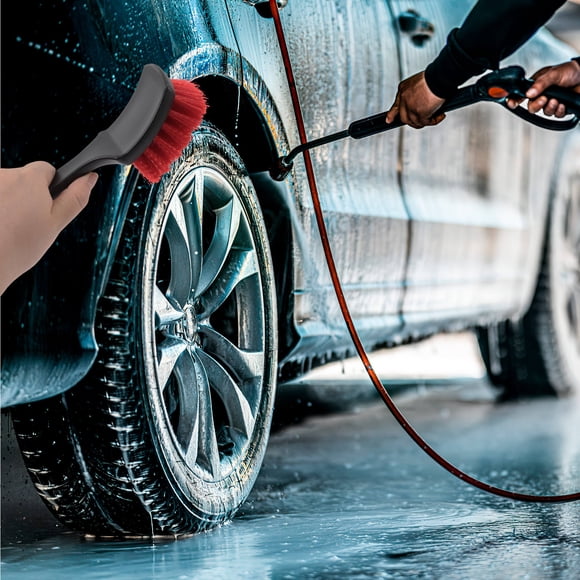 Raindrops Ergonomic Short Handle Red Tire Brush for Car Wheel Cleaning and Car Wash
