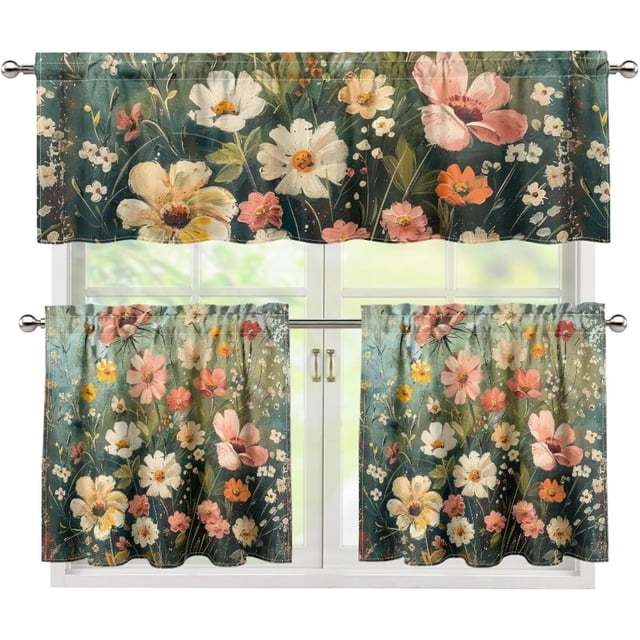 Wild Flowers Kitchen Curtains Set, Kitchen Curtains and Valances Set European Style Window Valance Set European Style Curtains for Cafe European Style Curtains for Dining Room