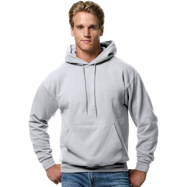 Hanes Mens ComfortBlend EcoSmart Pullover Hoodie Sweatshirt in 3XL size, shown in ash grey color. This medium-weight 7.8-oz fleece hoodie features a pullover design with a front kangaroo pocket, ribbed cuffs, and a drawstring hood. Made from a cotton blend, it is machine washable and designed for comfort. Suitable for casual wear.