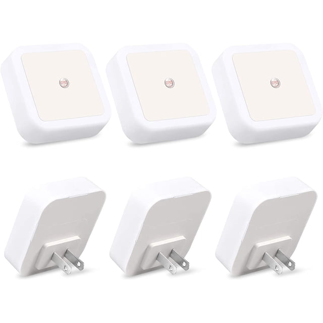 LED Night Lights with Smart Sensor, Self Dimming Light Dusk to Dawn, Smart Wall Night Lamp, Compact Night Light, 0.5W Plug in Out Nightlight, Cool White, 6-Pack. The image shows six compact, square-shaped LED night lights with a white finish and a central smart sensor. These plug-in nightlights are designed for indoor use and feature a dusk-to-dawn sensor for automatic operation. The lights are displayed from both front and back angles, highlighting their compact design and offset plug configuration.