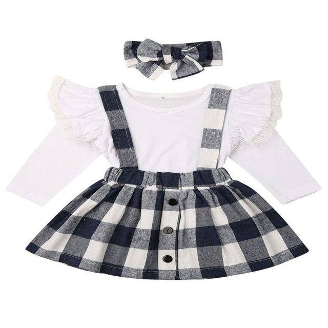 Enfants de Noël Bébé Fille 3PCS Vêtements Ensemble Dentelle Hauts Solides Robe à Carreaux Tenue Rouge 1-2 Ans