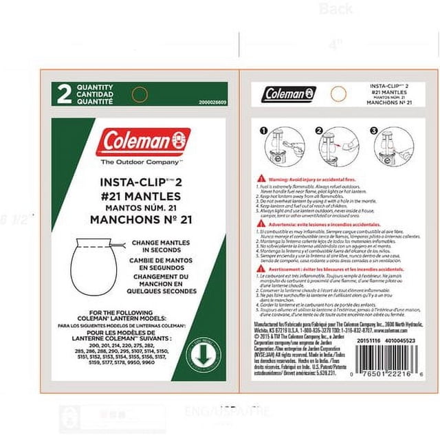 Coleman Insta-Clip II #21 Mantles 2-pack packaging with front and back views showing quick-change mantles for Coleman camping lanterns, bilingual instructions, and safety warnings in English and French.