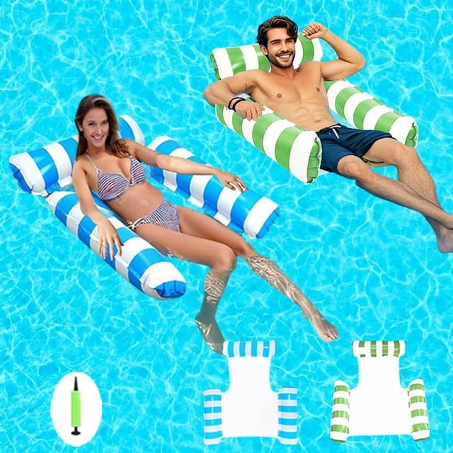 Pool Float Adult 4-in-1 Inflatable Water Hammock Floating Chair Lounger 3 Tube Design 300 lbs Capacity with Pump for Pool Vacation Light Blue Green