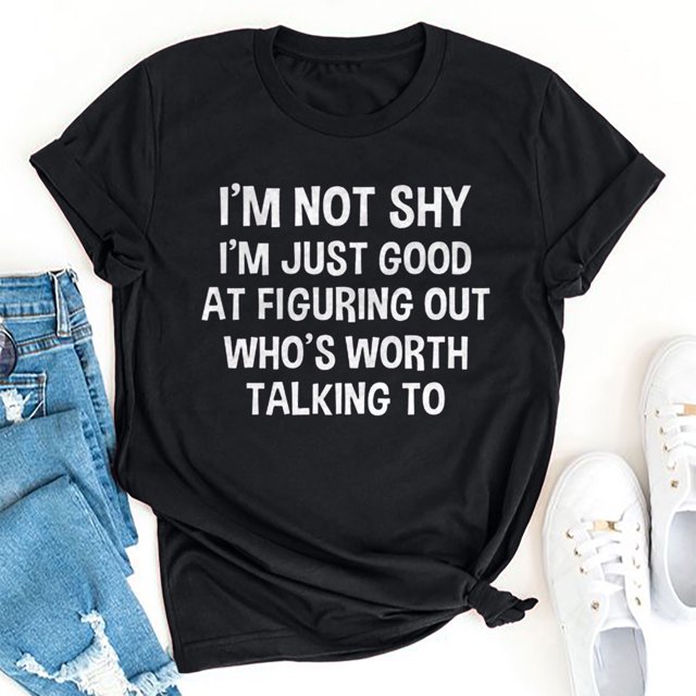 RXIRUCGD Chemises pour Femmes Mode Été Décontracté Col Rond Imprimé Lettre Manches Courtes T-Shirt Noir Tops pour Femmes