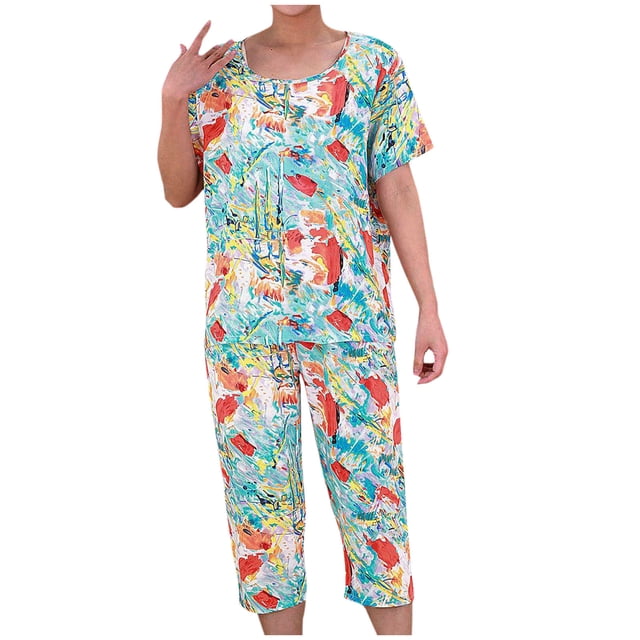 Pisexur Ensembles de Pyjama pour Femmes 2 Pcs Boho à Imprimé Floral Chemises de Nuit en Coton pour Femmes Décontractées Col Rond T-Shirts à Manches Courtes Hauts et Pantalons de Détente Longueur Genou Pyjamas Grande Taille pour Femmes Ensemble TG-4TG