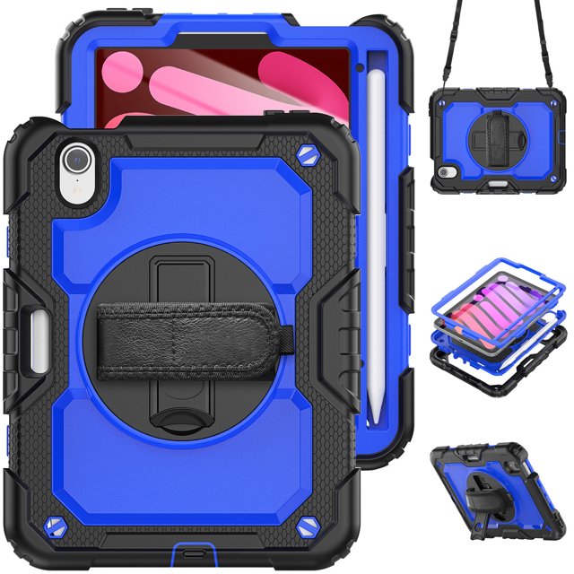 Case for iPad Mini 7 A17 Pro 2024/Mini 6 2021 8.3 Inch 7th/6th Gen with Screen Protector, 360 Degree Rotating Kickstand Hand Strap Shockproof Cover with Shoulder Strap, Dark Blue PC