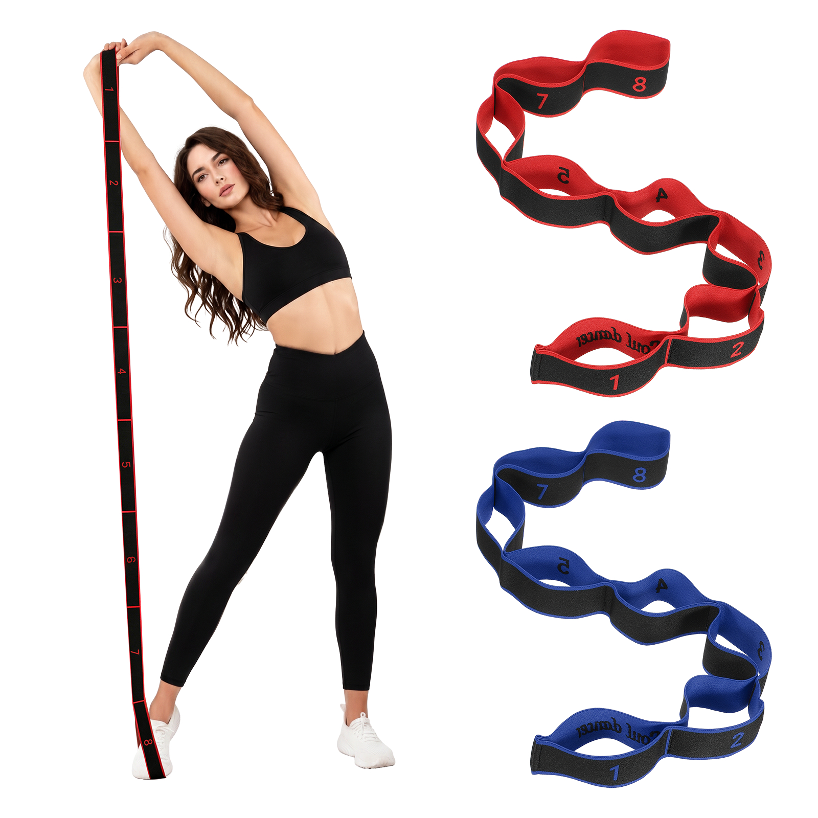 Fitness Resistance Bands, 8-Section Number Stretch Resistance Band, Elastic Stretch Strap with Handles 2 Pcs & Red/Sapphire Blue - Fitting for (Full Body Training/Yoga)